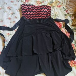 Black Strapless Dress with Red Zigzag Pattern